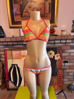 Old Navy Multicolor Stripe Triangle Bikini in Pink, Green & Yellow